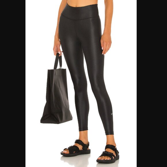 Nike Dri-Fit Mid Rise Shine Black 7/8 Leggings Gray Swoosh Size S $70 - Picture 3 of 9